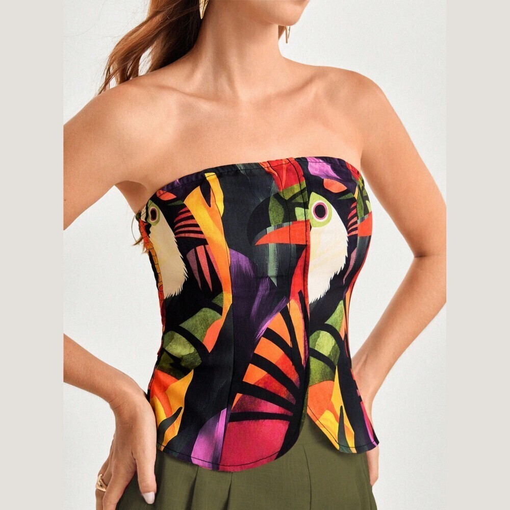 Black Yellow Toucan Print Strapless Tube Top